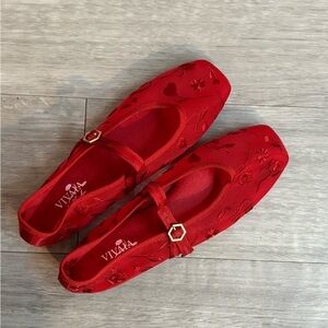 VIVAIA Red Embroidered Mary Jane Flats